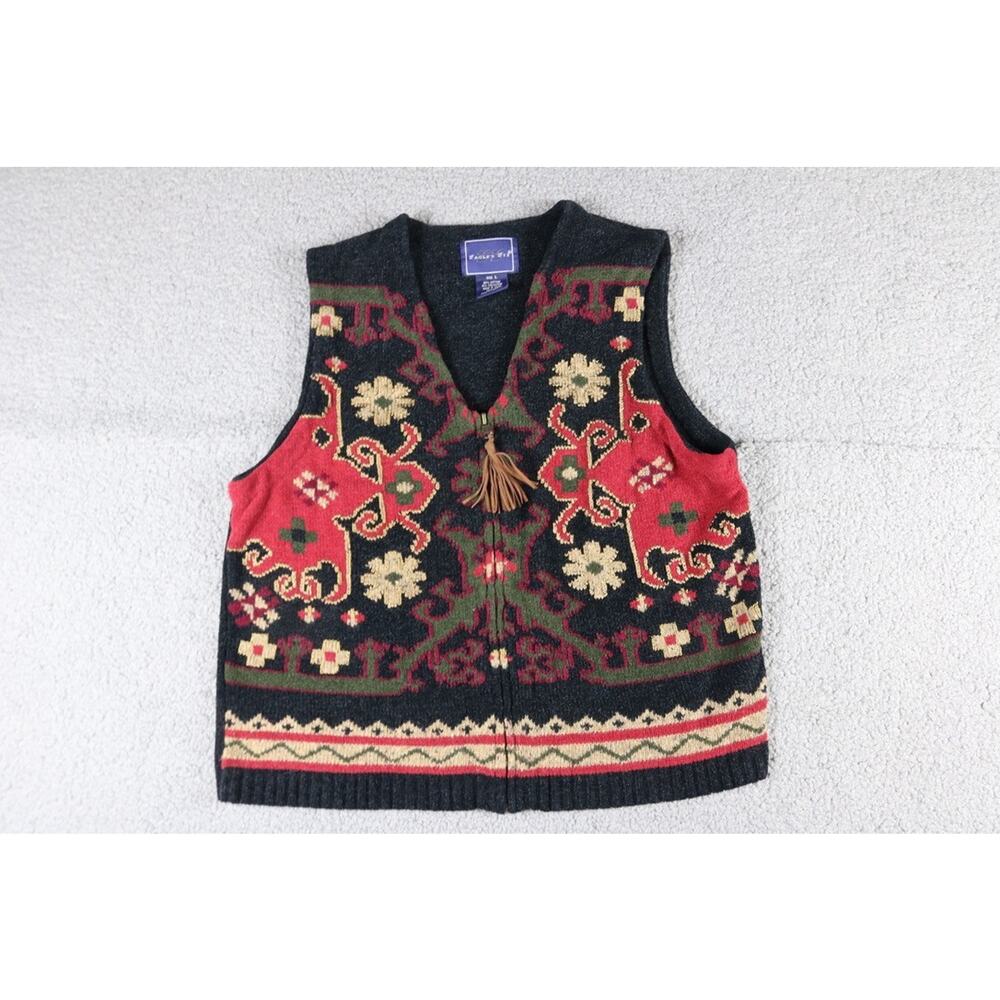 The Eagle's Eye Sweater Vest L Floral Embroidered Tassel V Neck Zip Boho Vintage